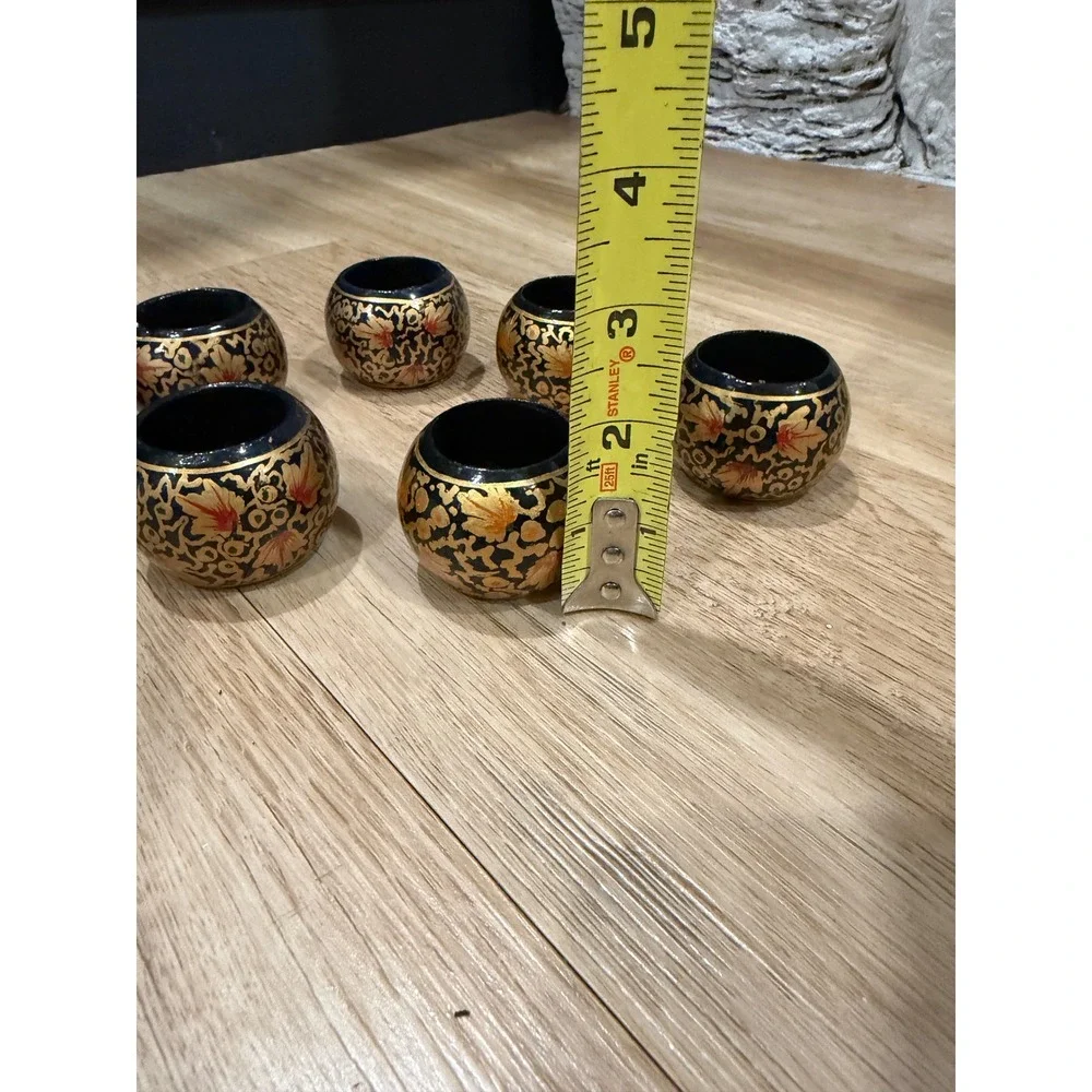 Vintage Hand Painted Lacquer Napkin Rings Set of 7 Black Gold Floral Kashmiri